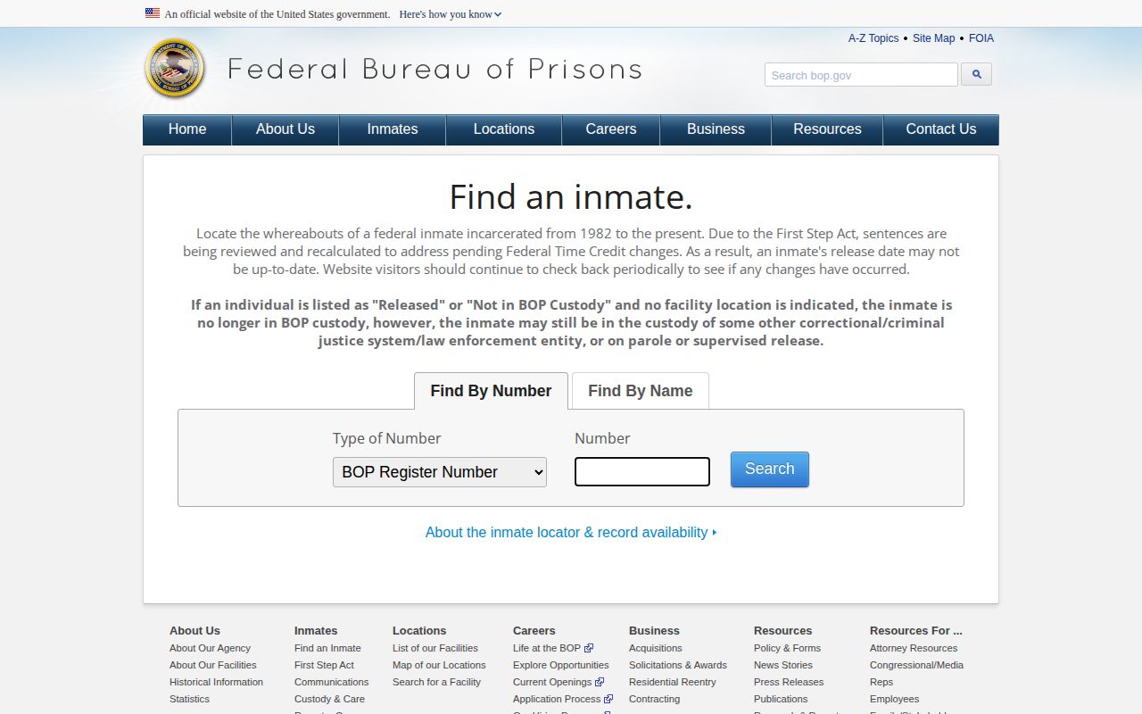 Federal Bureau of Prisons release locator fields for a Harney County federal record